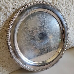VTG Leonard Silverplate Round 15" Ornate Floral Serving Tray Platter